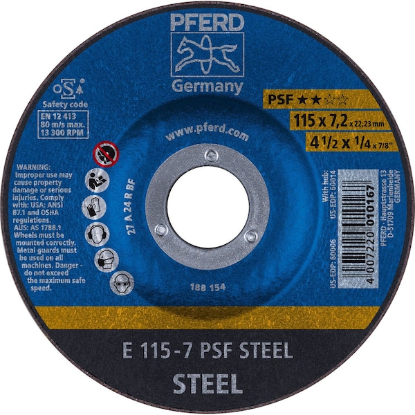 Pferd 60006 4-1/2in x 1/4in Grinding Wheel 7/8in AH A 24 R PSF- STEEL T27 60006-PFERD - main